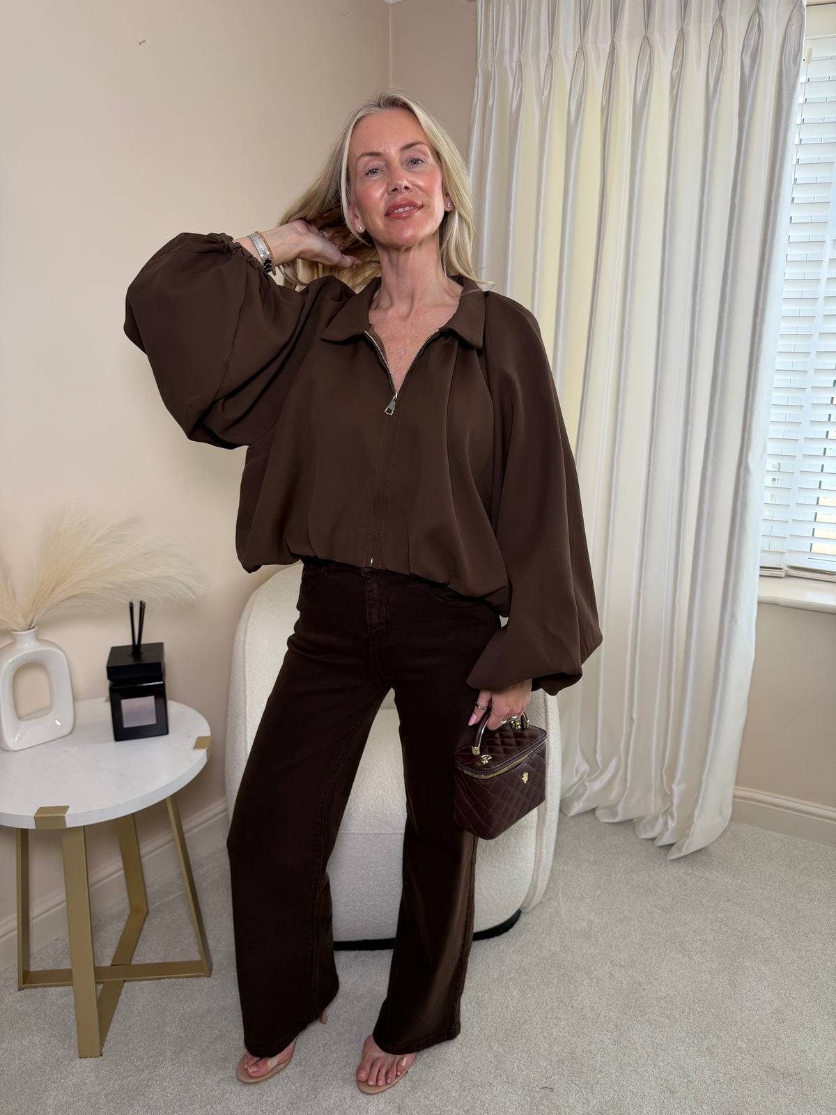 Thalia Brown Balloon Sleeved Bomber Jacket