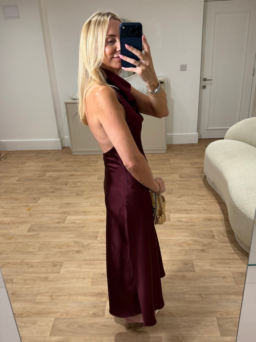 Nina Burgundy Satin Halter Neck Dress