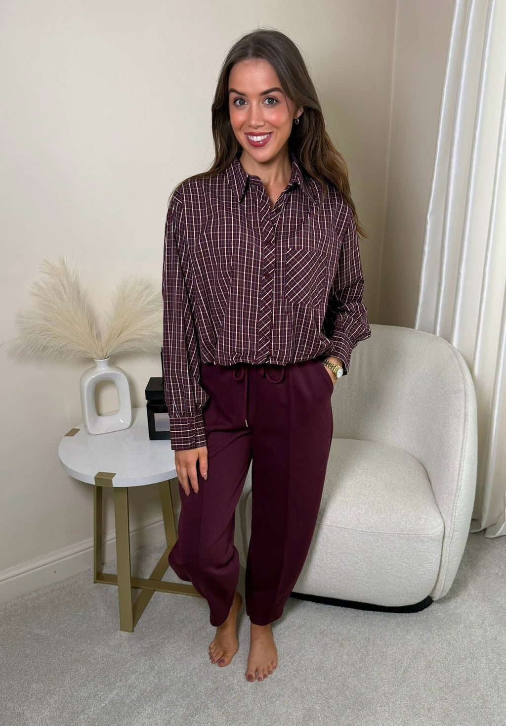 Bentley Plaid Check Burgundy Bubble Hem Shirt