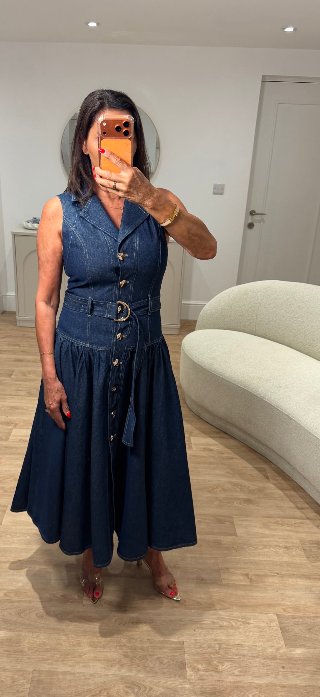 Andrea Drop Waist Belted Indigo Denim Dress