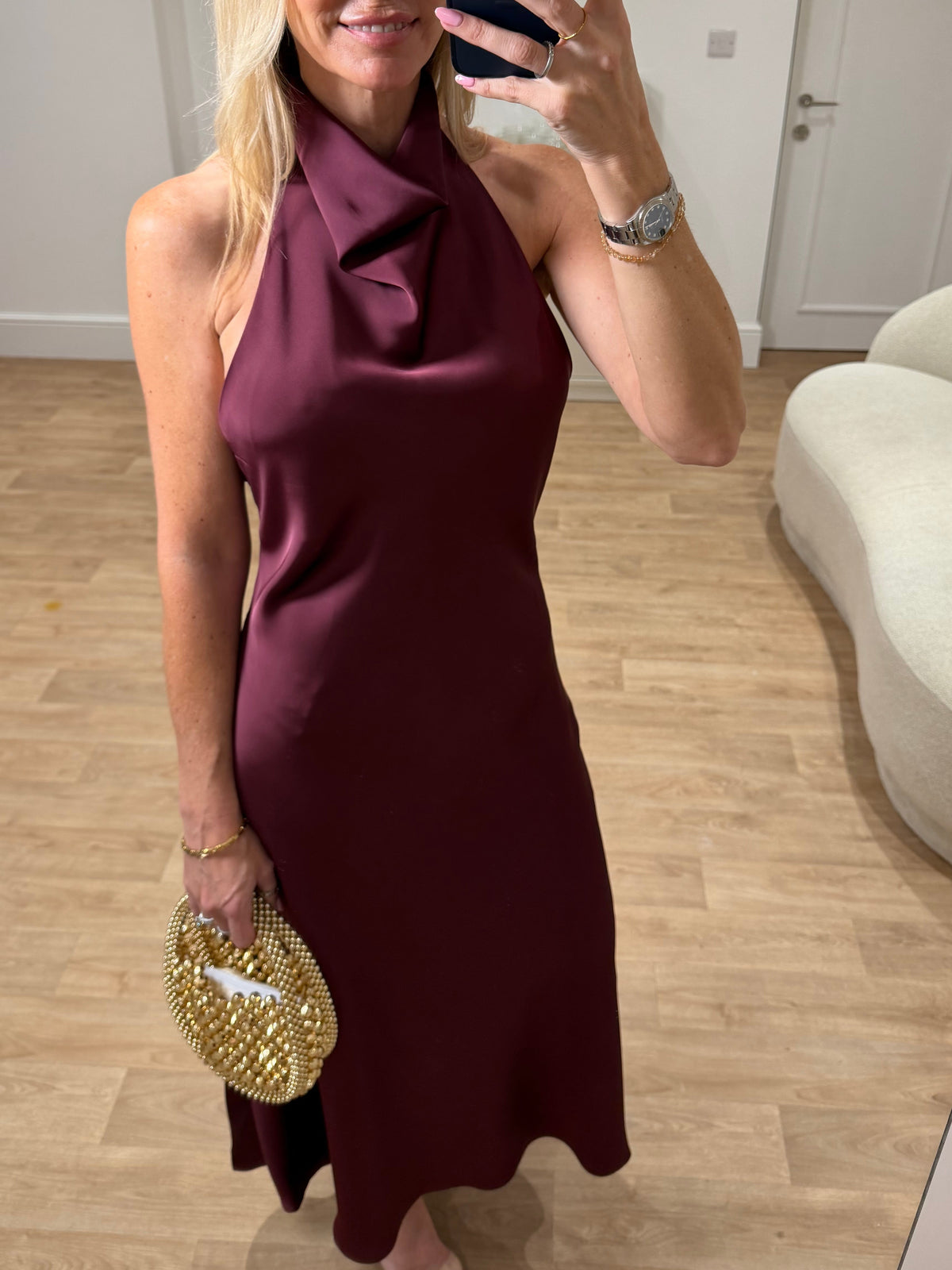 Nina Burgundy Satin Halter Neck Dress