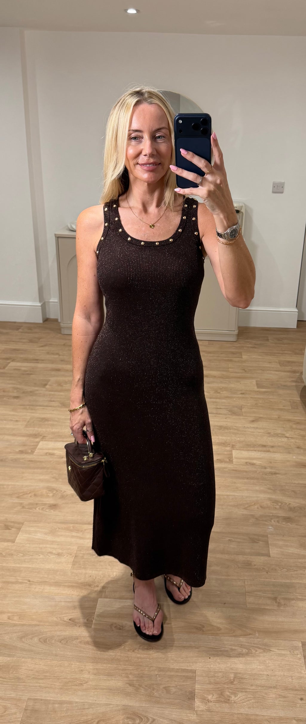 Bonnie Brown Ribbed Stud Detail Dress