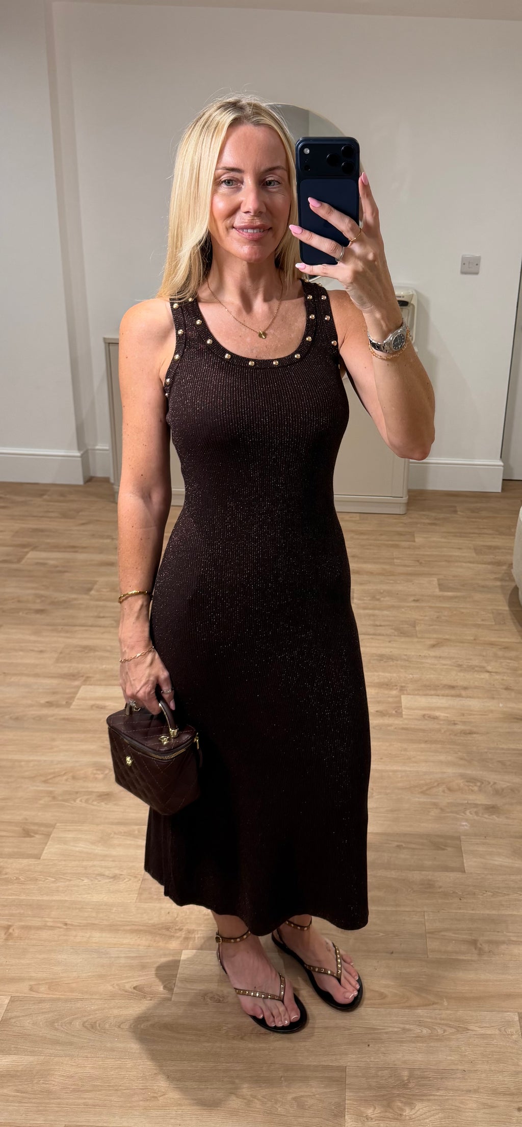 Bonnie Brown Ribbed Stud Detail Dress