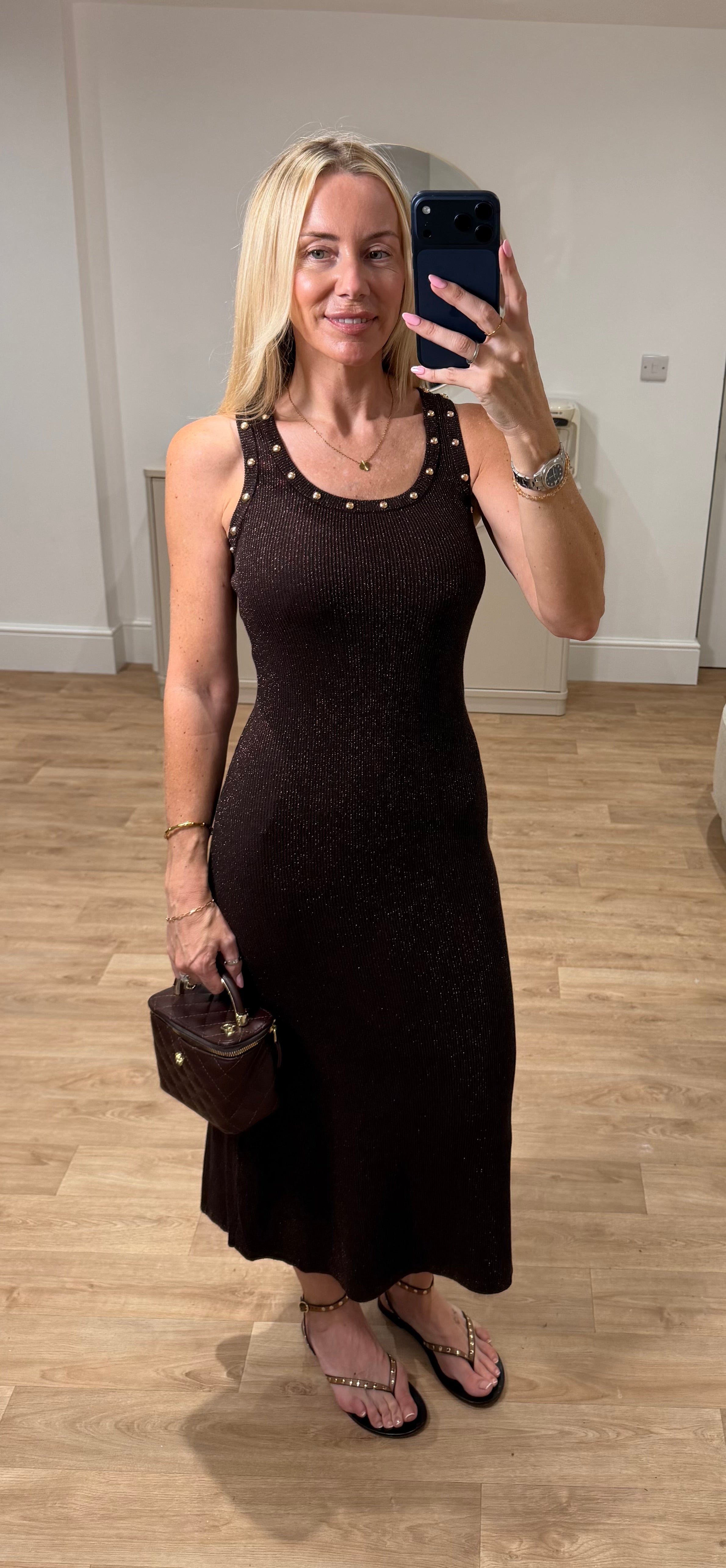 Bonnie Brown Ribbed Stud Detail Dress
