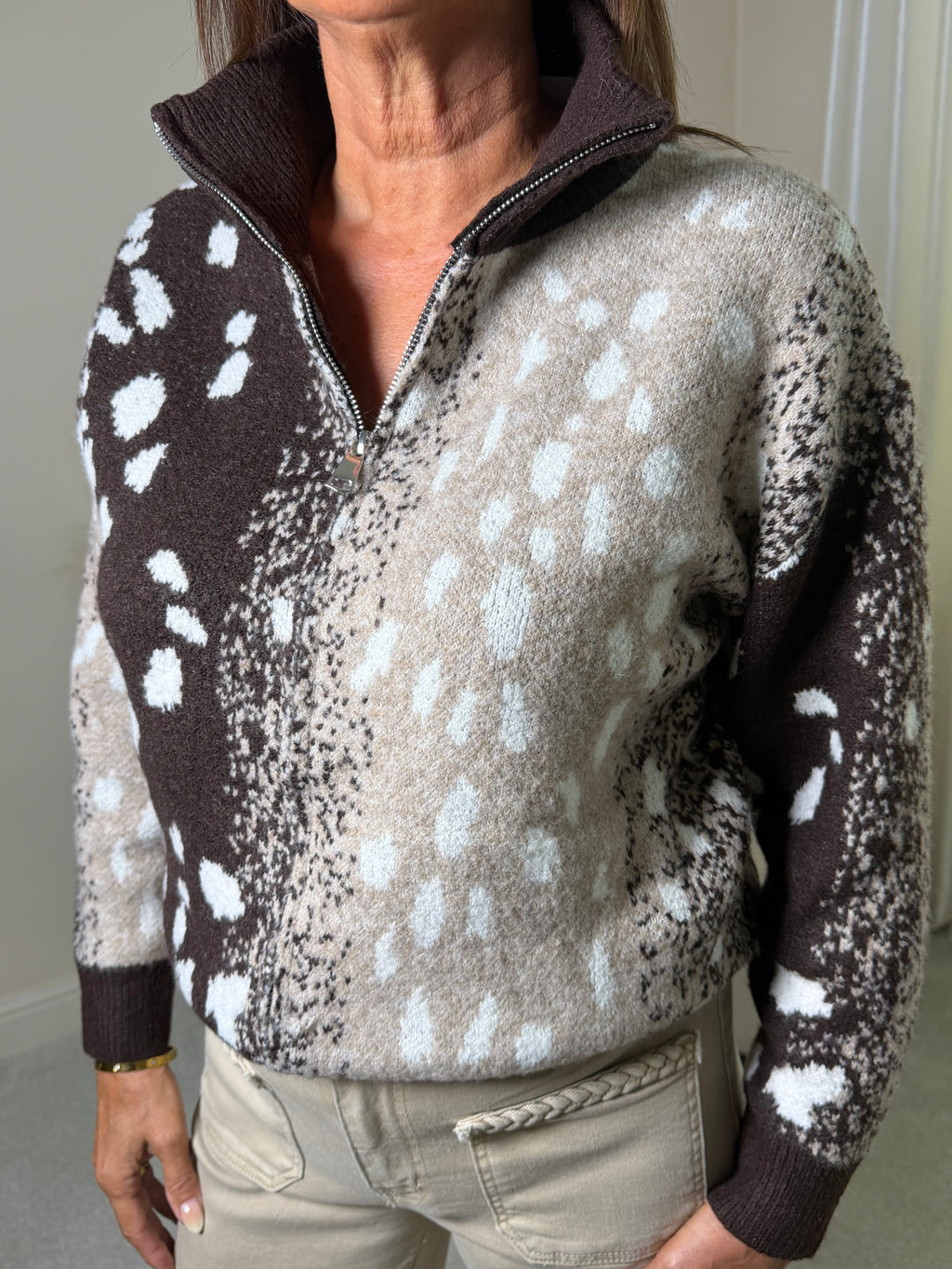 Frida Deer Print Zip Up Knit