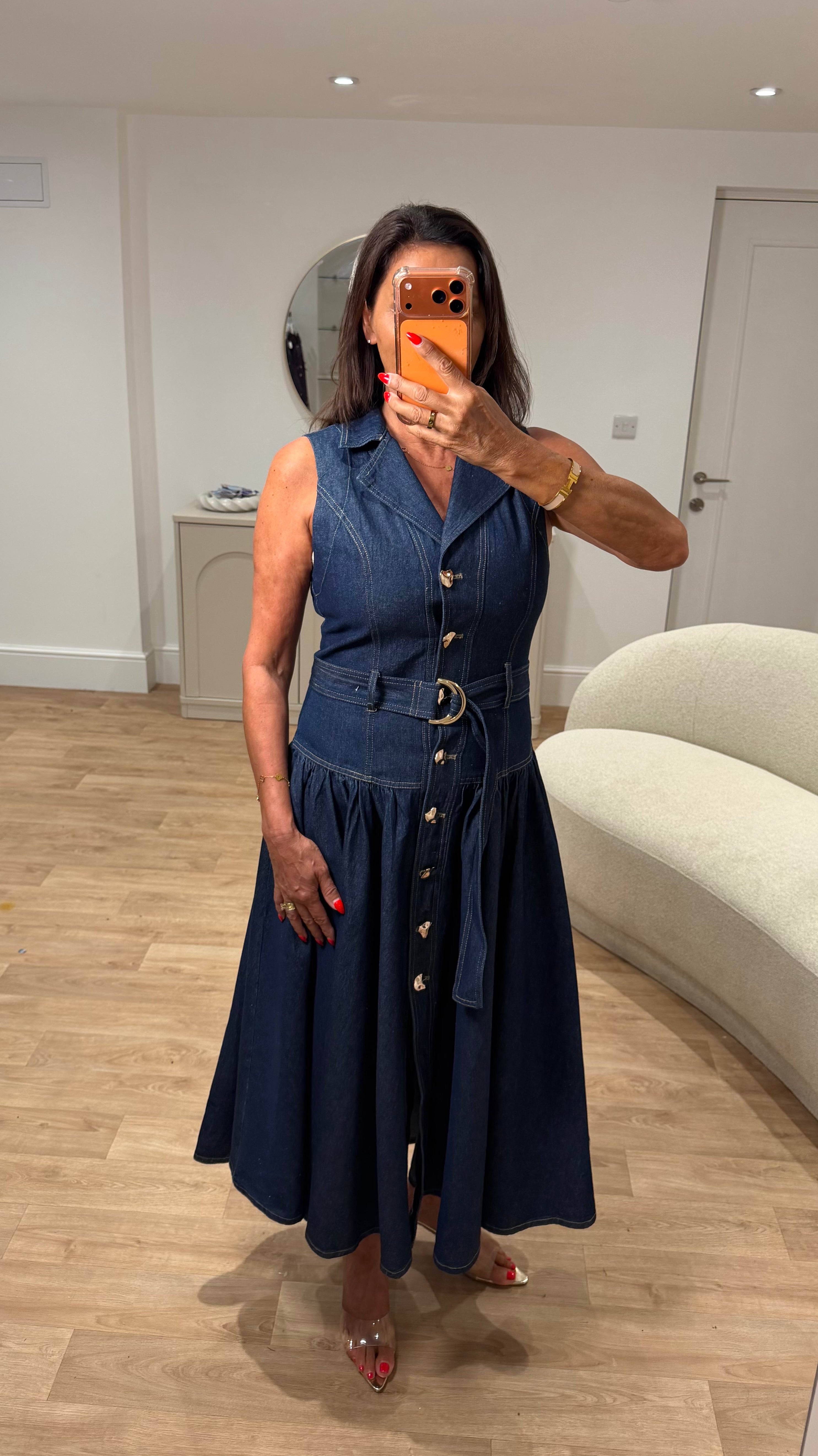 Andrea Drop Waist Belted Indigo Denim Dress