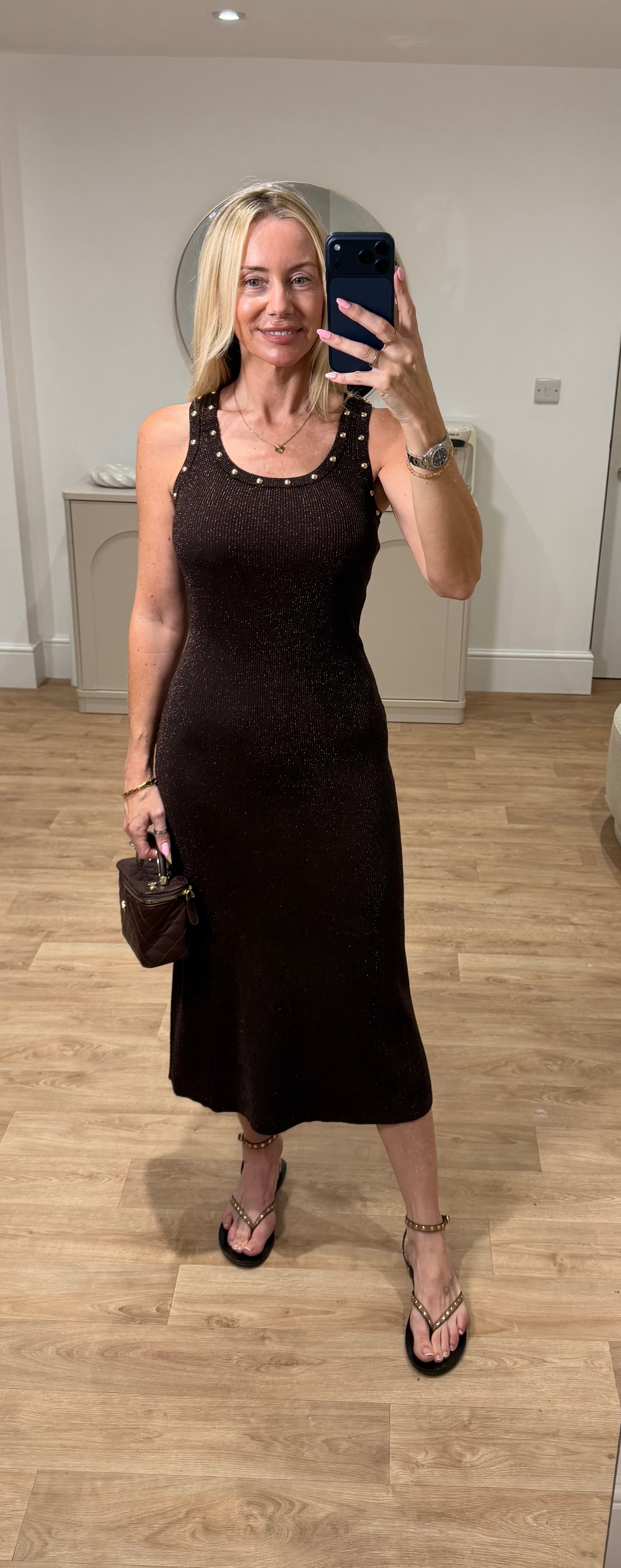 Bonnie Brown Ribbed Stud Detail Dress